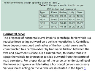 Horizontal curve
The presence of horizontal curve imparts centrifugal force which is a
reactive force acting outward on a vehicle negotiating it. Centrifugal
force depends on speed and radius of the horizontal curve and is
counteracted to a certain extent by transverse friction between the
tyre and pavement surface. On a curved road, this force tends to
cause the vehicle to overrun or to slide outward from the centre of
road curvature. For proper design of the curve, an understanding of
the forces acting on a vehicle taking a horizontal curve is necessary.
Various forces acting on the vehicle are illustrated in the figure 1.
 