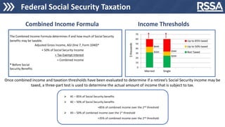 Federal Social Security Taxation
Combined Income Formula
The Combined Income Formula determines if and how much of Social Security
benefits may be taxable.
Adjusted Gross Income, AGI (line 7, Form 1040)*
+ 50% of Social Security Income
+ Tax-Exempt Interest
= Combined Income
* Before Social
Security Benefits
Income Thresholds
Once combined income and taxation thresholds have been evaluated to determine if a retiree’s Social Security income may be
taxed, a three-part test is used to determine the actual amount of income that is subject to tax.
 #1 – 85% of Social Security benefits
 #2 – 50% of Social Security benefits
+85% of combined income over the 2nd threshold
 #3 – 50% of combined income over the 1st threshold
+35% of combined income over the 2nd threshold
 