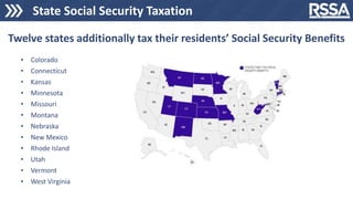 State Social Security Taxation
Twelve states additionally tax their residents’ Social Security Benefits
• Colorado
• Connecticut
• Kansas
• Minnesota
• Missouri
• Montana
• Nebraska
• New Mexico
• Rhode Island
• Utah
• Vermont
• West Virginia
 