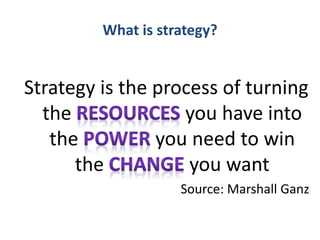 What is strategy?
Strategy is the process of turning
the you have into
the you need to win
the you want
Source: Marshall Ganz
 