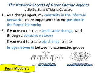 The Network Secrets of Great Change Agents
Julie Battilana &Tiziana Casciaro
1. As a change agent, my centrality in the informal
network is more important than my position in
the formal hierarchy
2. If you want to create small scale change, work
through a cohesive network
If you want to create big change, create
bridge networks between disconnected groups
From Module 1
 