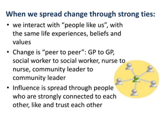When we spread change through strong ties:
• we interact with “people like us”, with
the same life experiences, beliefs and
values
• Change is “peer to peer”: GP to GP,
social worker to social worker, nurse to
nurse, community leader to
community leader
• Influence is spread through people
who are strongly connected to each
other, like and trust each other
 