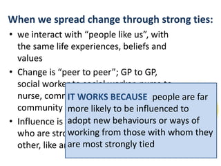 When we spread change through strong ties:
• we interact with “people like us”, with
the same life experiences, beliefs and
values
• Change is “peer to peer”; GP to GP,
social worker to social worker, nurse to
nurse, community leader to
community leader
• Influence is spread through people
who are strongly connected to each
other, like and trust each other
IT WORKS BECAUSE: people are far
more likely to be influenced to
adopt new behaviours or ways of
working from those with whom they
are most strongly tied
 