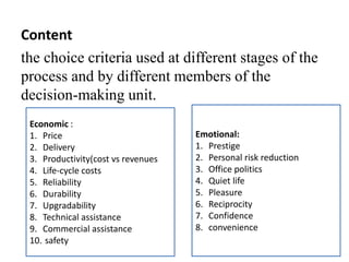 Content
the choice criteria used at different stages of the
process and by different members of the
decision-making unit.
Economic :
1. Price
2. Delivery
3. Productivity(cost vs revenues
4. Life-cycle costs
5. Reliability
6. Durability
7. Upgradability
8. Technical assistance
9. Commercial assistance
10. safety
Emotional:
1. Prestige
2. Personal risk reduction
3. Office politics
4. Quiet life
5. Pleasure
6. Reciprocity
7. Confidence
8. convenience
 