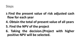 Steps
3. Find the present value of risk adjusted cash
flow for each year
4. Obtain the total of present value of all years
5. Find the NPV of the project
6. Taking the decision.(Project with higher
positive NPV will be selected.
 