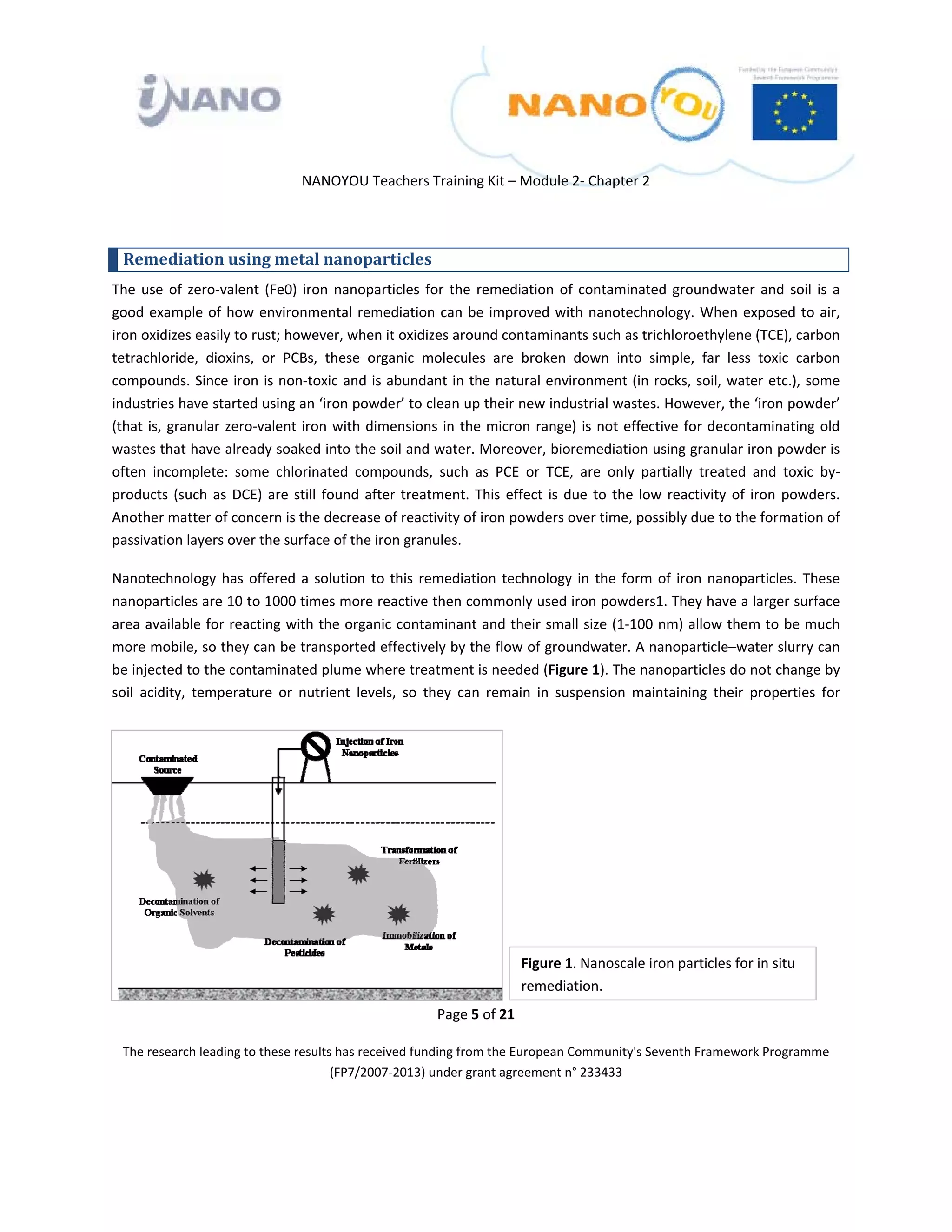  

 

 

                                  NANOYOU Teachers Training Kit – Module 2‐ Chapter 2 

 

    Remediation using metal nanoparticles 
The  use  of  zero‐valent  (Fe0)  iron  nanoparticles  for  the  remediation  of  contaminated  groundwater  and  soil  is  a 
good  example  of  how  environmental  remediation  can  be  improved  with  nanotechnology.  When  exposed  to  air, 
iron oxidizes easily to rust; however, when it oxidizes around contaminants such as trichloroethylene (TCE), carbon 
tetrachloride,  dioxins,  or  PCBs,  these  organic  molecules  are  broken  down  into  simple,  far  less  toxic  carbon 
compounds. Since iron is non‐toxic and is abundant in the natural environment (in rocks, soil, water etc.), some 
industries have started using an ‘iron powder’ to clean up their new industrial wastes. However, the ‘iron powder’ 
(that  is,  granular  zero‐valent  iron  with  dimensions  in  the  micron  range)  is  not  effective  for  decontaminating  old 
wastes that have already soaked into the soil and water. Moreover, bioremediation using granular iron powder is 
often  incomplete:  some  chlorinated  compounds,  such  as  PCE  or  TCE,  are  only  partially  treated  and  toxic  by‐
products  (such  as  DCE)  are  still  found  after  treatment.  This  effect  is  due  to  the  low  reactivity  of  iron  powders. 
Another matter of concern is the decrease of reactivity of iron powders over time, possibly due to the formation of 
passivation layers over the surface of the iron granules.  

Nanotechnology  has  offered  a  solution  to  this  remediation  technology  in  the  form  of  iron  nanoparticles.  These 
nanoparticles are 10 to 1000 times more reactive then commonly used iron powders1. They have a larger surface 
area available for reacting with the organic contaminant and their small size (1‐100 nm) allow them to be much 
more mobile, so they can be transported effectively by the flow of groundwater. A nanoparticle–water slurry can 
be injected to the contaminated plume where treatment is needed (Figure 1). The nanoparticles do not change by 
soil  acidity,  temperature  or  nutrient  levels,  so  they  can  remain  in  suspension  maintaining  their  properties  for 




                                                                           Figure 1. Nanoscale iron particles for in situ 
                                                                           remediation. 
                                                           Page 5 of 21 

    The research leading to these results has received funding from the European Community's Seventh Framework Programme 
                                         (FP7/2007‐2013) under grant agreement n° 233433 

                                                                   

 
 