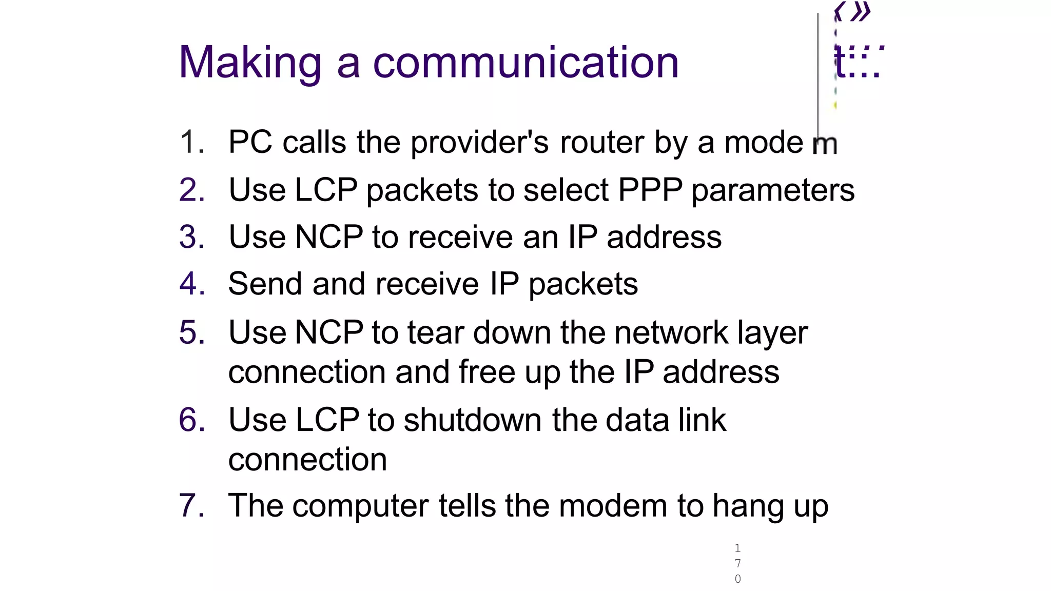 ‹»
1
7
0
....
Making a communication t::.
1. PC calls the provider's router by a mode
2. Use LCP packets to select PPP parameters
3. Use NCP to receive an IP address
4. Send and receive IP packets
5. Use NCP to tear down the network layer
connection and free up the IP address
6. Use LCP to shutdown the data link
connection
7. The computer tells the modem to hang up
 