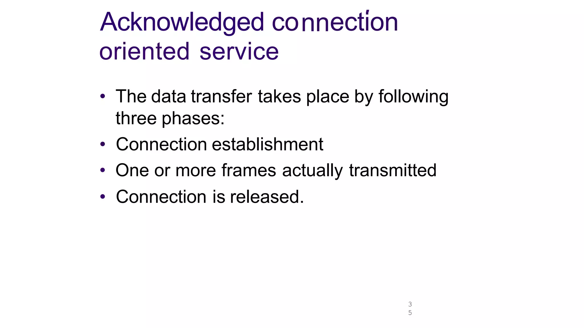 3
5
.
nn
Acknowledged co ection
oriented service
• The data transfer takes place by following
three phases:
• Connection establishment
• One or more frames actually transmitted
• Connection is released.
 