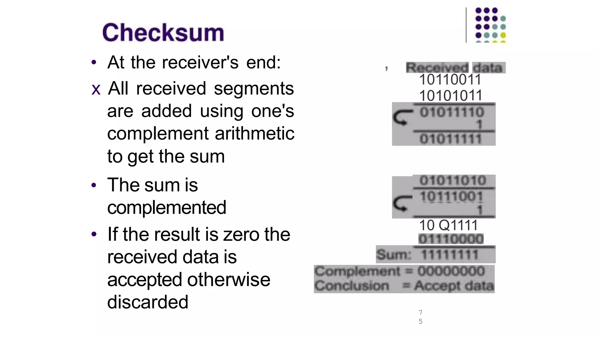 • At the receiver's end:
x All received segments
are added using one's
complement arithmetic
to get the sum
• The sum is
complemented
• If the result is zero the
received data is
accepted otherwise
discarded 7
5
,
10110011
10101011
10 Q1111
 