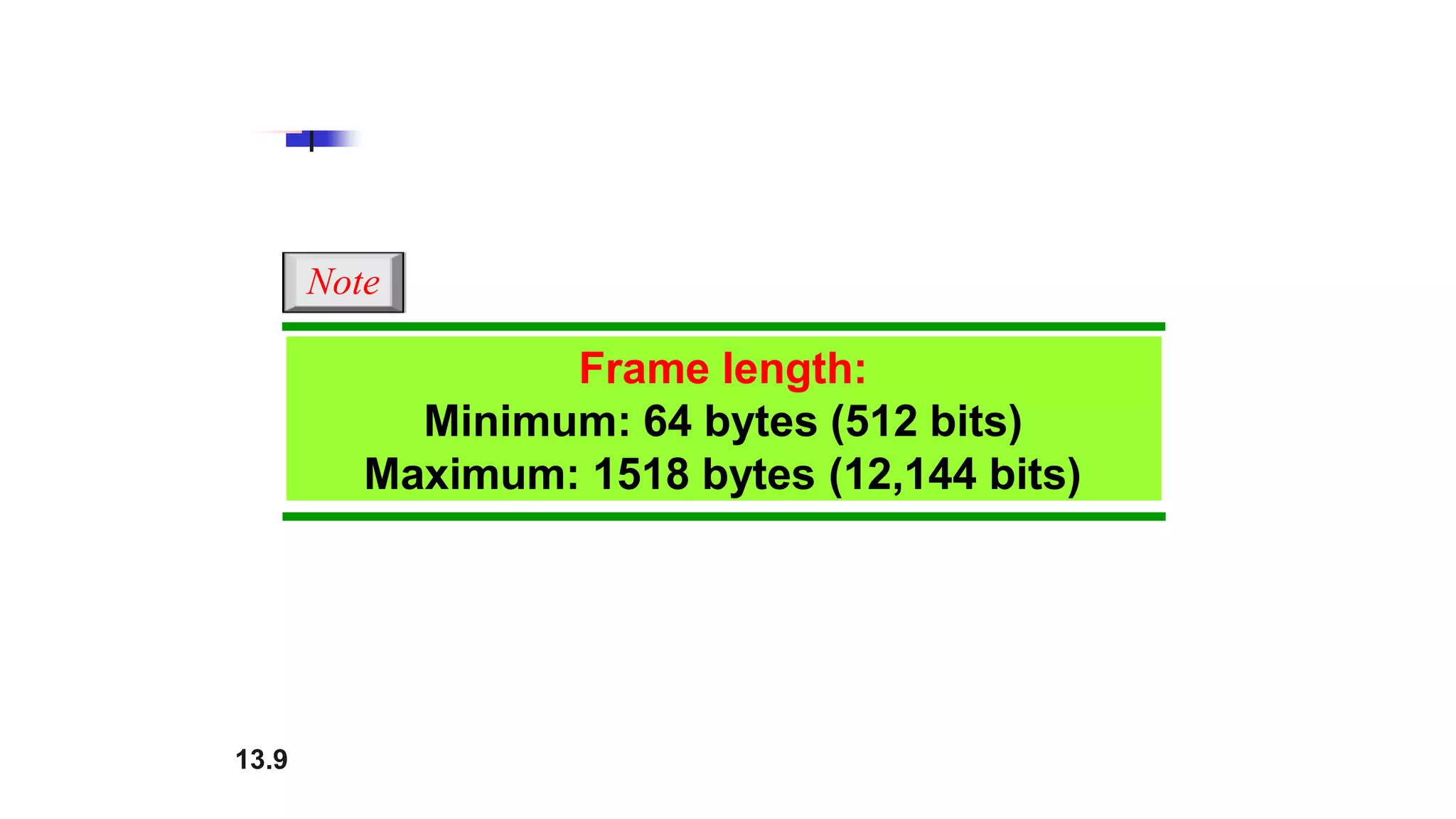 Note
Frame length:
Minimum: 64 bytes (512 bits)
Maximum: 1518 bytes (12,144 bits)
13.9
 