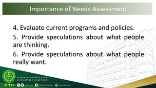 Importance of Needs Assessment
4. Evaluate current programs and policies.
5. Provide speculations about what people
are thinking.
6. Provide speculations about what people
really want.
 