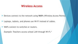Wireless Access
 Devices connect to the network using WAPs (Wireless Access Points).
 Laptops, tablets, and phones use Wi-Fi instead of cables.
 WAPs connect to switches or routers.
Example: Teachers access school LAN through Wi-Fi.*
 