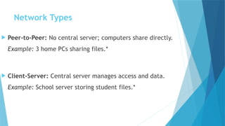 Network Types
 Peer-to-Peer: No central server; computers share directly.
Example: 3 home PCs sharing files.*
 Client-Server: Central server manages access and data.
Example: School server storing student files.*
 