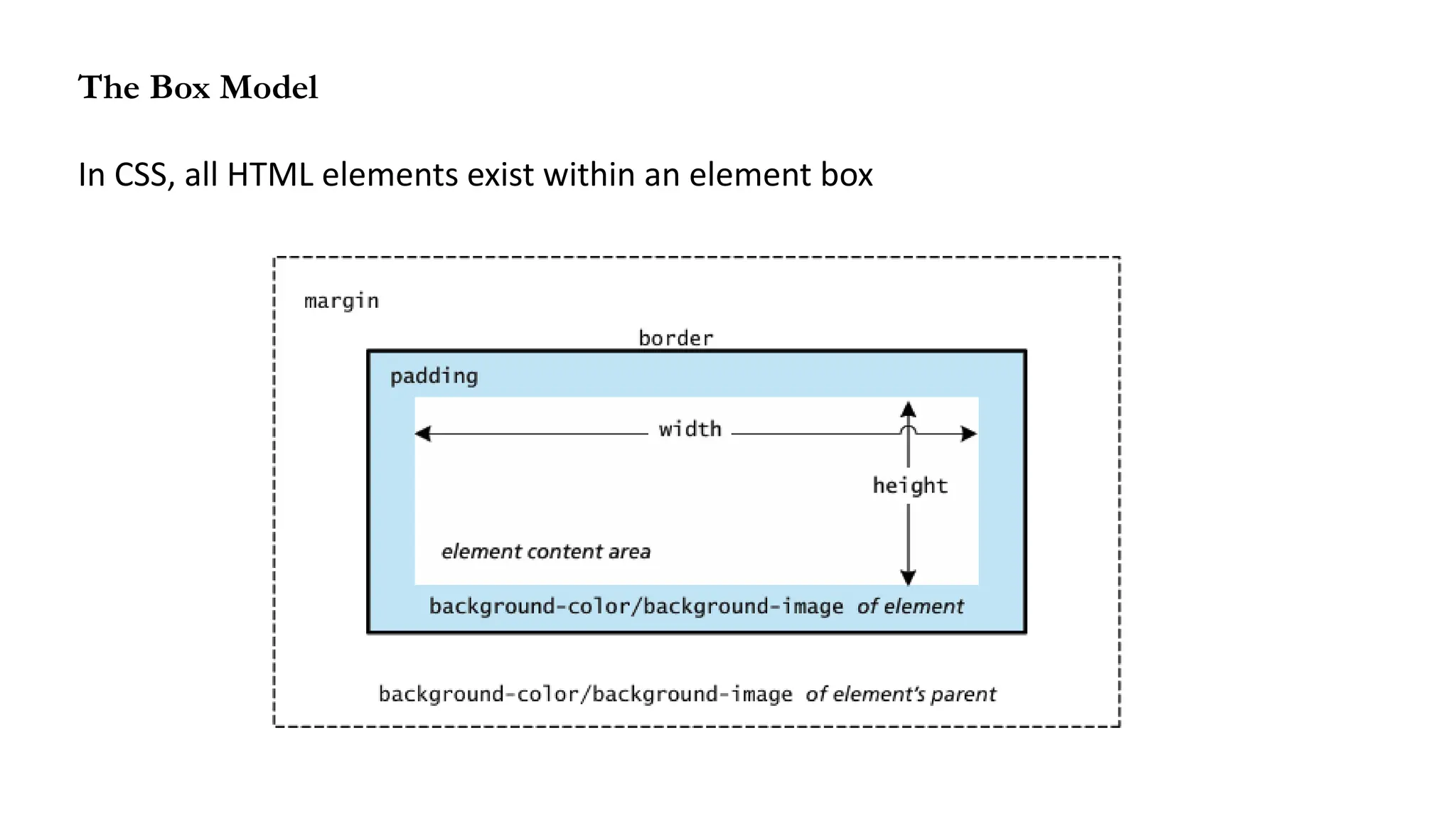 The Box Model
In CSS, all HTML elements exist within an element box
 