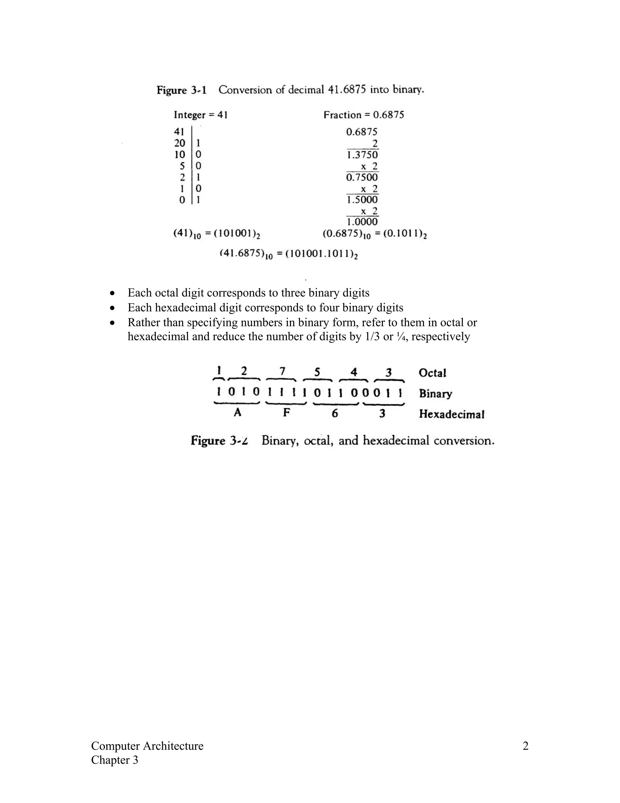 • Each octal digit corresponds to three binary digits
• Each hexadecimal digit corresponds to four binary digits
• Rather than specifying numbers in binary form, refer to them in octal or
hexadecimal and reduce the number of digits by 1/3 or ¼, respectively
Computer Architecture 2
Chapter 3
 