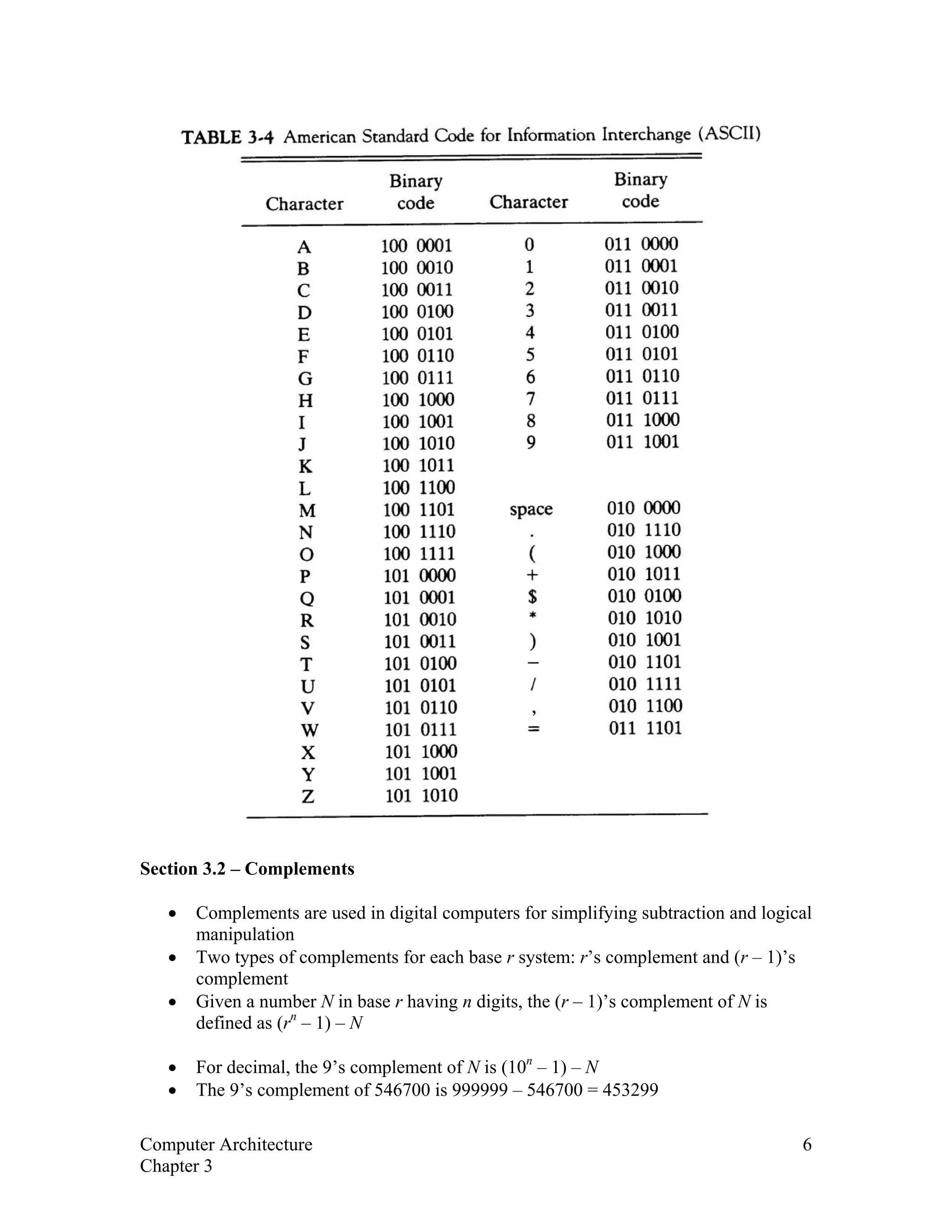 Section 3.2 – Complements
• Complements are used in digital computers for simplifying subtraction and logical
manipulation
• Two types of complements for each base r system: r’s complement and (r – 1)’s
complement
• Given a number N in base r having n digits, the (r – 1)’s complement of N is
defined as (rn
– 1) – N
• For decimal, the 9’s complement of N is (10n
– 1) – N
• The 9’s complement of 546700 is 999999 – 546700 = 453299
Computer Architecture 6
Chapter 3
 