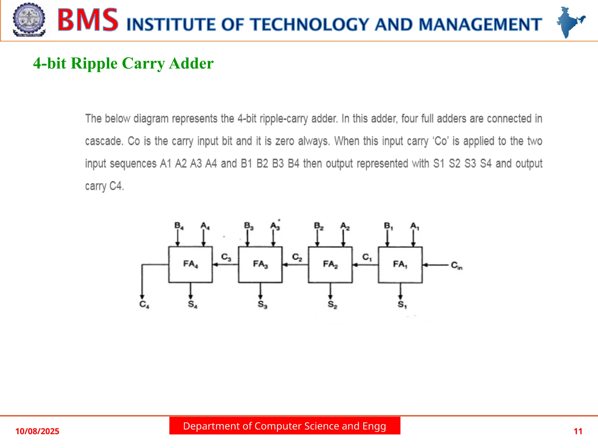 Department of Computer Science and Engg
4-bit Ripple Carry Adder
10/08/2025 11
 