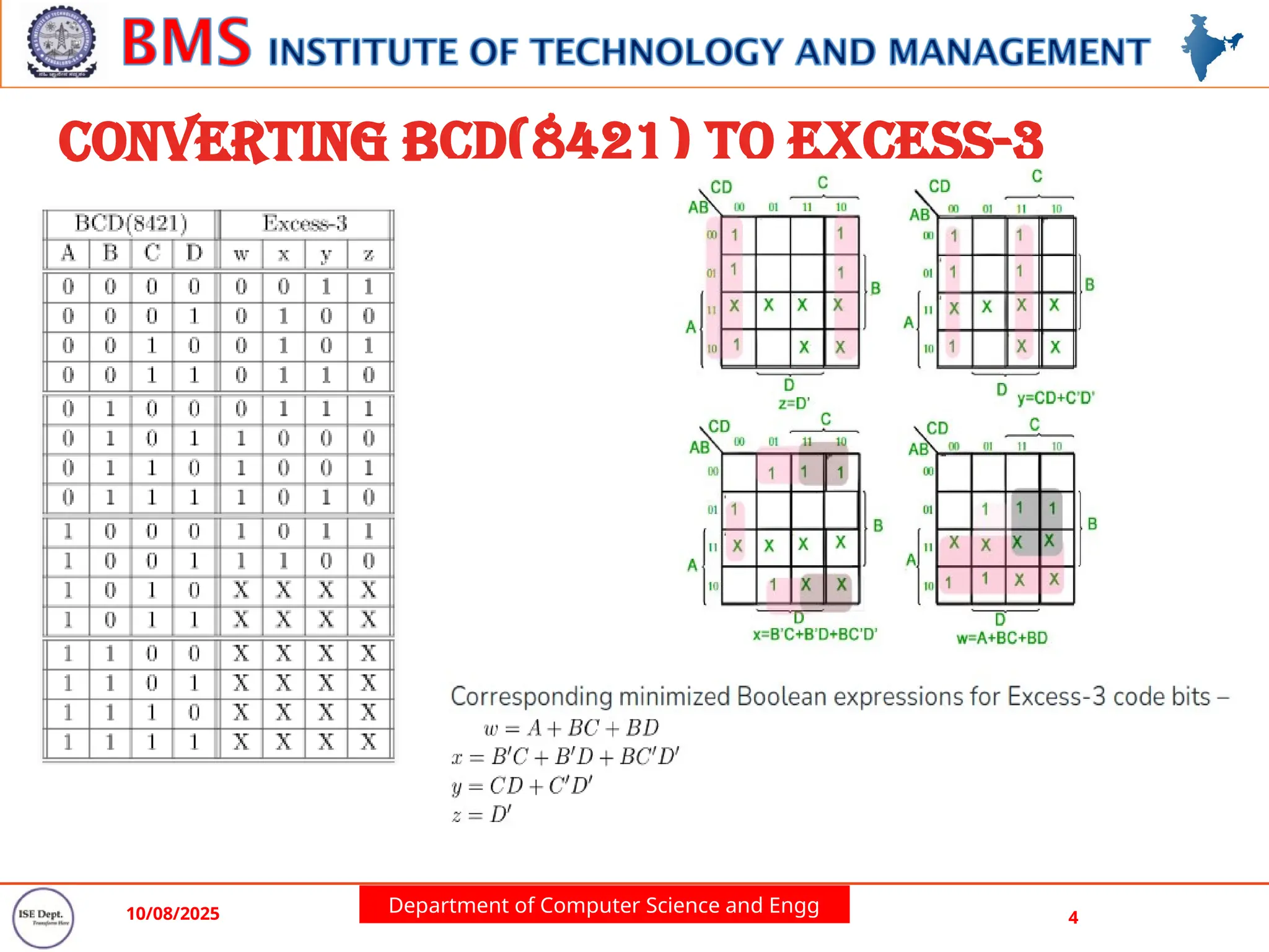 Department of Computer Science and Engg
10/08/2025 4
Converting BCD(8421) to Excess-3
 