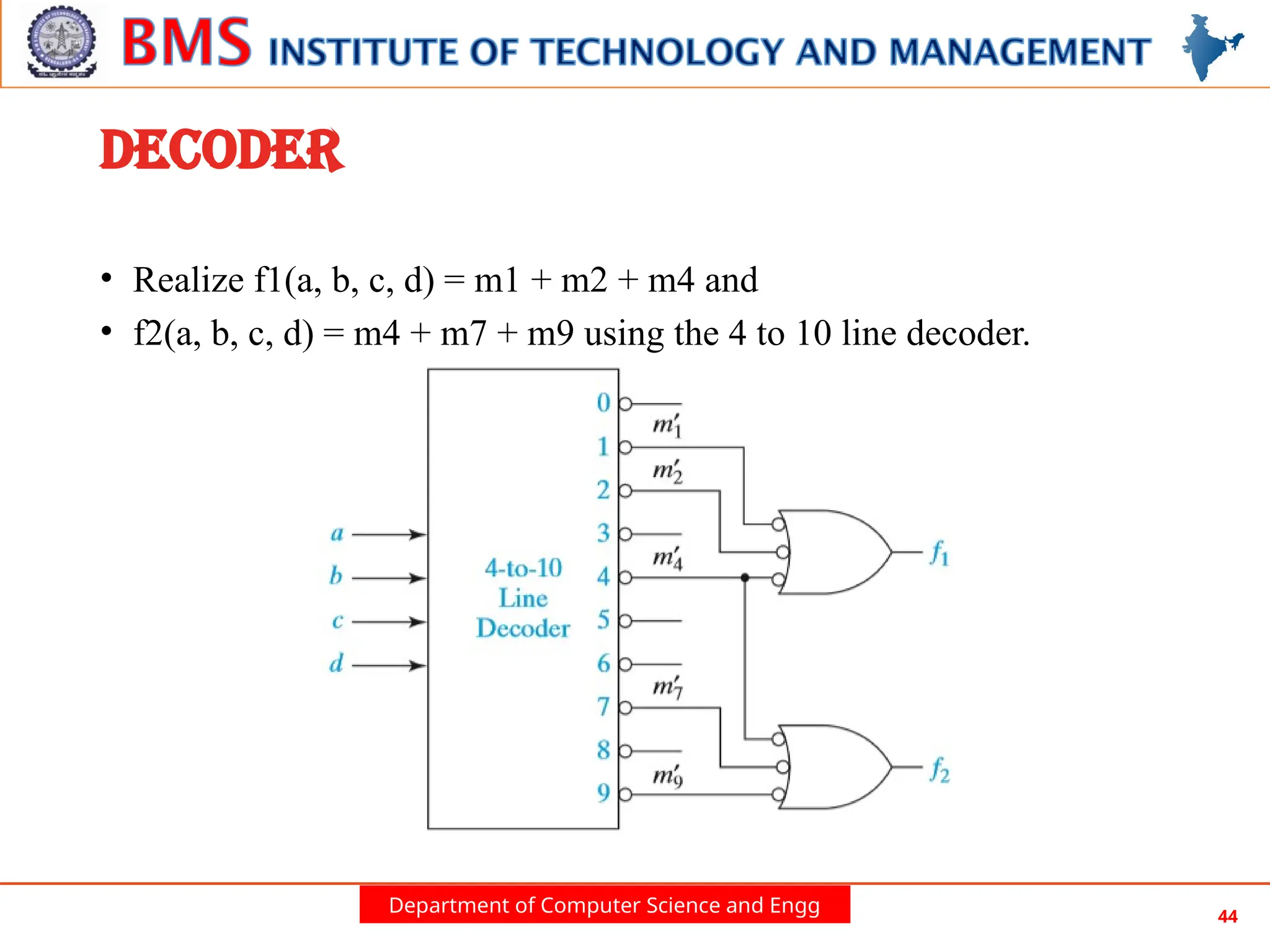 Department of Computer Science and Engg 44
DECODER
• Realize f1(a, b, c, d) = m1 + m2 + m4 and
• f2(a, b, c, d) = m4 + m7 + m9 using the 4 to 10 line decoder.
 