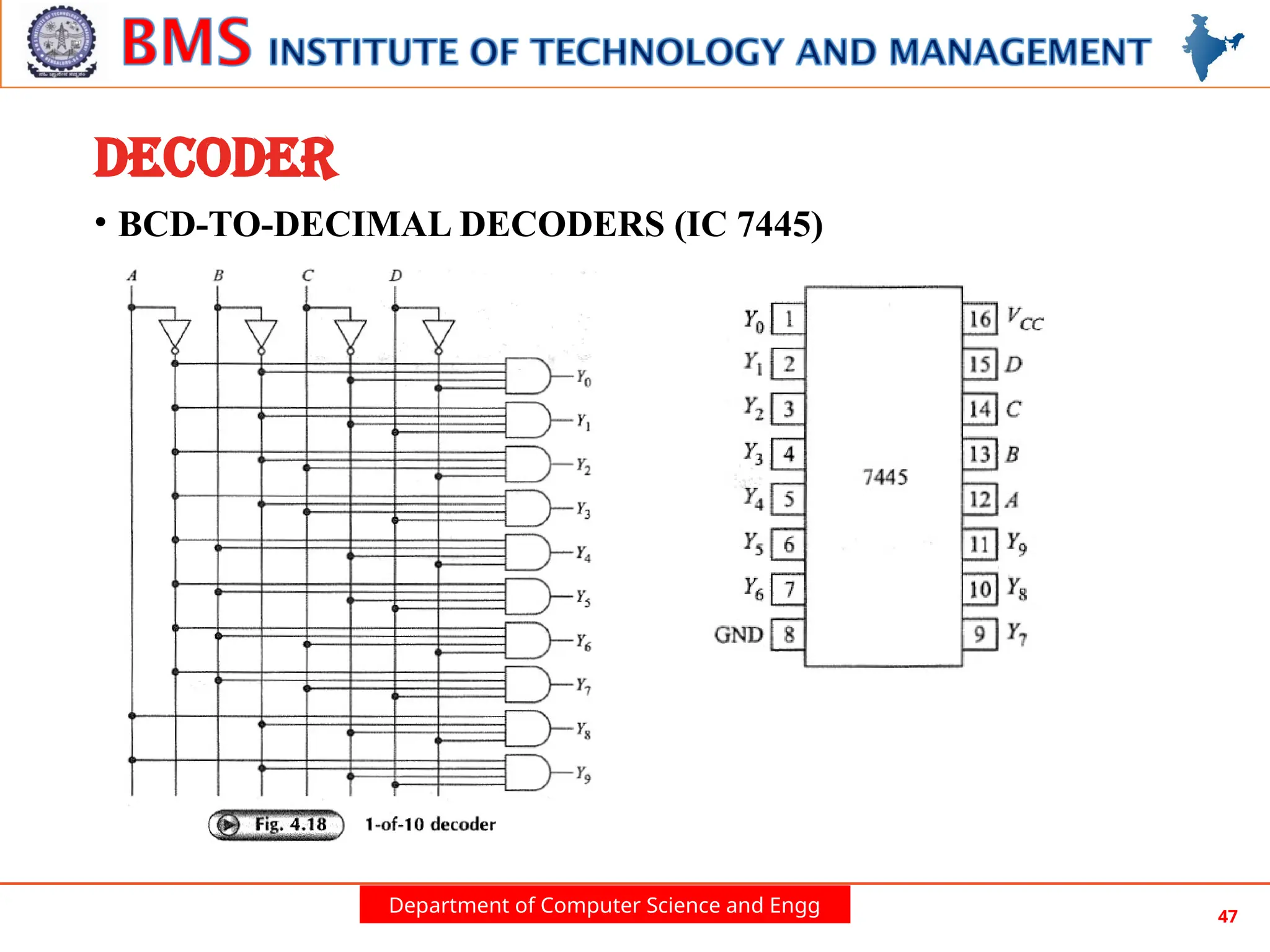 Department of Computer Science and Engg 47
DECODER
• BCD-TO-DECIMAL DECODERS (IC 7445)
 