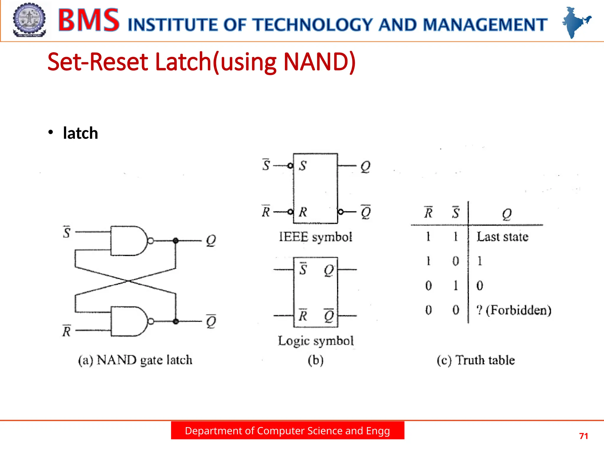 Department of Computer Science and Engg 71
• latch
Set-Reset Latch(using NAND)
 