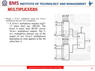 Department of Computer Science and Engg 29
MULTIPLEXERS
• Design a 32-to-1 multiplexer using two 16-to-1
multiplexers and one 2-to-1 multiplexer.
• A 32-to-1 multiplexer requires log232
=5 select lines say, ABCDE. The
Iower 4 select lines BCDE choose
16-to-1 multiplexer outputs. The 2-
to-1 multiplexer chooses one of the
output of two 16-to-1 multiplexers
depending on what appears in the 5th
select line, A.
 