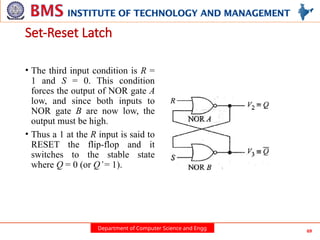 Department of Computer Science and Engg 69
• The third input condition is R =
1 and S = 0. This condition
forces the output of NOR gate A
low, and since both inputs to
NOR gate B are now low, the
output must be high.
• Thus a 1 at the R input is said to
RESET the flip-flop and it
switches to the stable state
where Q = 0 (or Q’= 1).
Set-Reset Latch
 