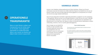 OPERATIONELE
TRANSPARANTIE
Meer en meer klanten snakken naar
transparantie van de merken waar
ze van houden. Jouw organisatie
openstellen en insiderinformatie
delen is een manier om klanten een
kijkje te laten nemen in jouw merk.
3
VOORBEELD: GROOVE
Groove is een helpdesk-softwareoplossing voor kleine bedrijven. Klanten van Groove
vertrouwen erop voor het leveren van vitale ondersteuning aan hun bedrijf. Dus om aan zijn
klanten te laten zien hoe het helpt, gebruikt Groove gegevens en transparantie om te laten
zien hoe het zijn eigen bedrijf ondersteunt.
Op de Groove-blog delen teamleden regelmatig statistieken en gegevens van de activiteiten.
In het gedeelte 'Startup Journey' van het blog onthullen ze 'alles op onze reis naar $ 500.000
aan maandelijkse inkomsten'. In de post 'Hoe meten en optimaliseren we statistieken over
klantensucces in ons SaaS-Start-Up', graven ze diep in de wereld interne statistieken en delen;
onboarding, conversie, churn en actieve gebruikersgegevens.
Door de lagen van zijn bedrijf los
te laten en open te breken voor
de wereld, gebruikt Groove data
om transparant te zijn, zijn
autoriteit te tonen en vertrouwen
op te bouwen met een publiek
waarvan het hoopt dat het
klanten zal worden.
 