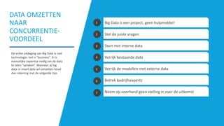De echte uitdaging van Big Data is niet
technologie: het is "business”. Er is
menselijke expertise nodig om de data
te laten “spreken”. Wanneer je big
data in smart data wil omzetten houd
dan rekening met de volgende tips.
DATA OMZETTEN
NAAR
CONCURRENTIE-
VOORDEEL
Big Data is een project, geen hulpmiddel!
Stel de juiste vragen
Start met interne data
Verrijk bestaande data
Verrijk de modellen met externe data
Betrek bedrijfsexperts
Neem op voorhand geen stelling in over de uitkomst
1
2
3
4
5
6
7
 