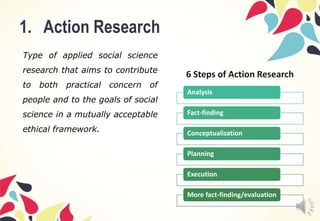 1. Action Research
Type of applied social science
research that aims to contribute
to both practical concern of
people and to the goals of social
science in a mutually acceptable
ethical framework.
Analysis
Fact-finding
Conceptualization
Planning
Execution
More fact-finding/evaluation
6 Steps of Action Research
 