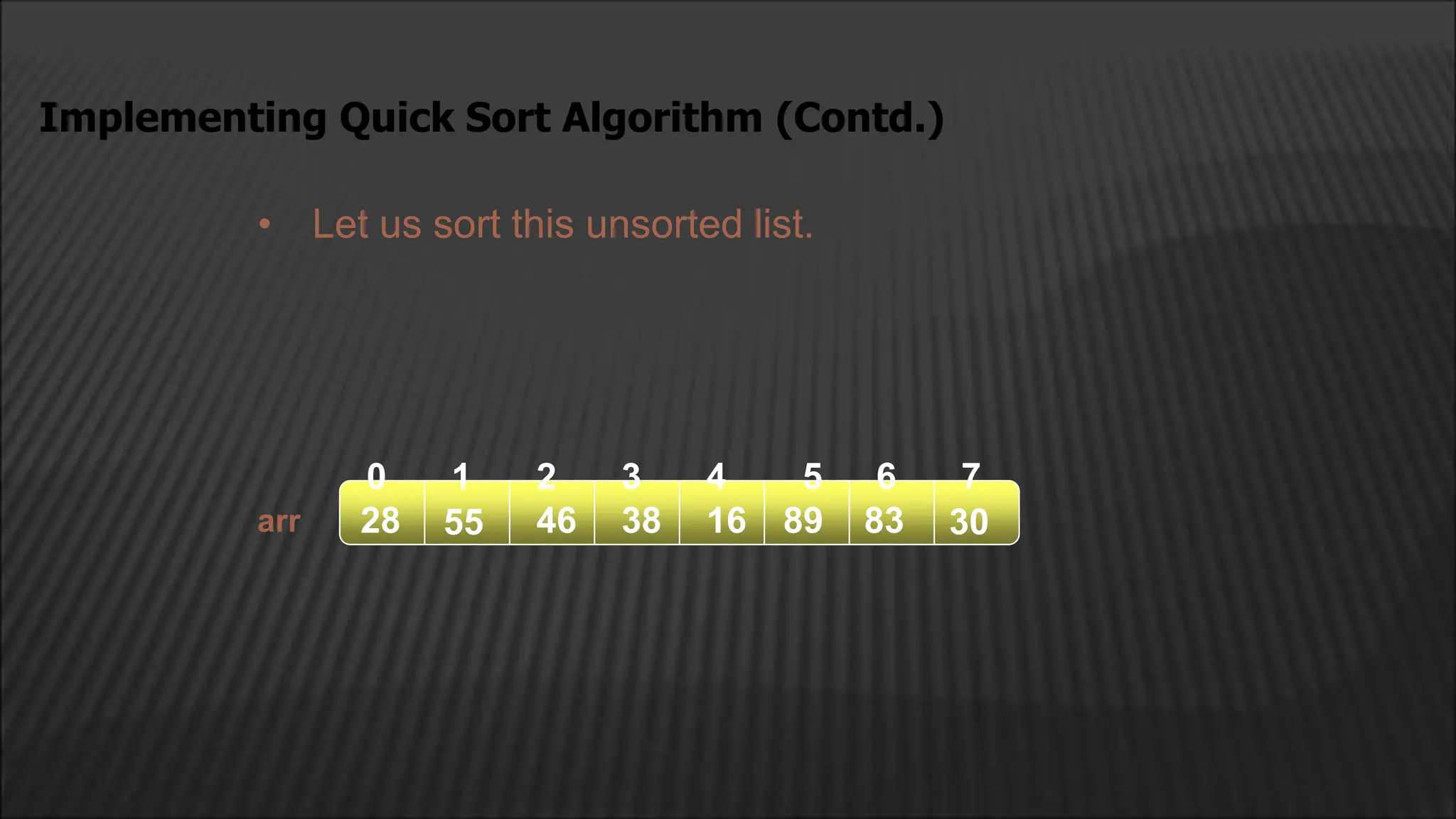 • Let us sort this unsorted list.
arr
2
1
0 4
3
55 46 38
28 16 89 83 30
5 6 7
Implementing Quick Sort Algorithm (Contd.)
 
