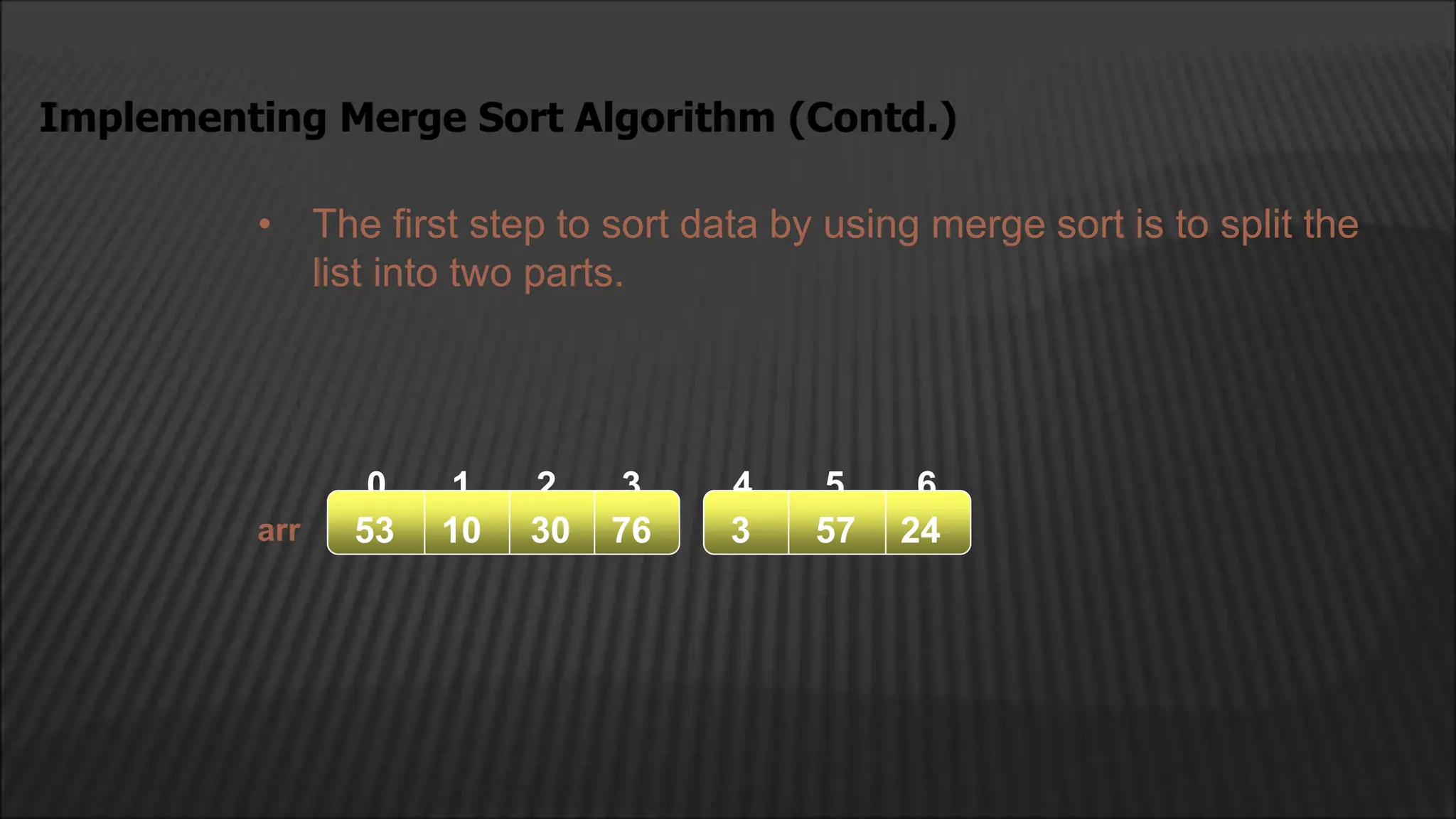 • The first step to sort data by using merge sort is to split the
list into two parts.
Implementing Merge Sort Algorithm (Contd.)
arr
2
1
0 4
3 5 6
53 10 30 76 3 57 24
 