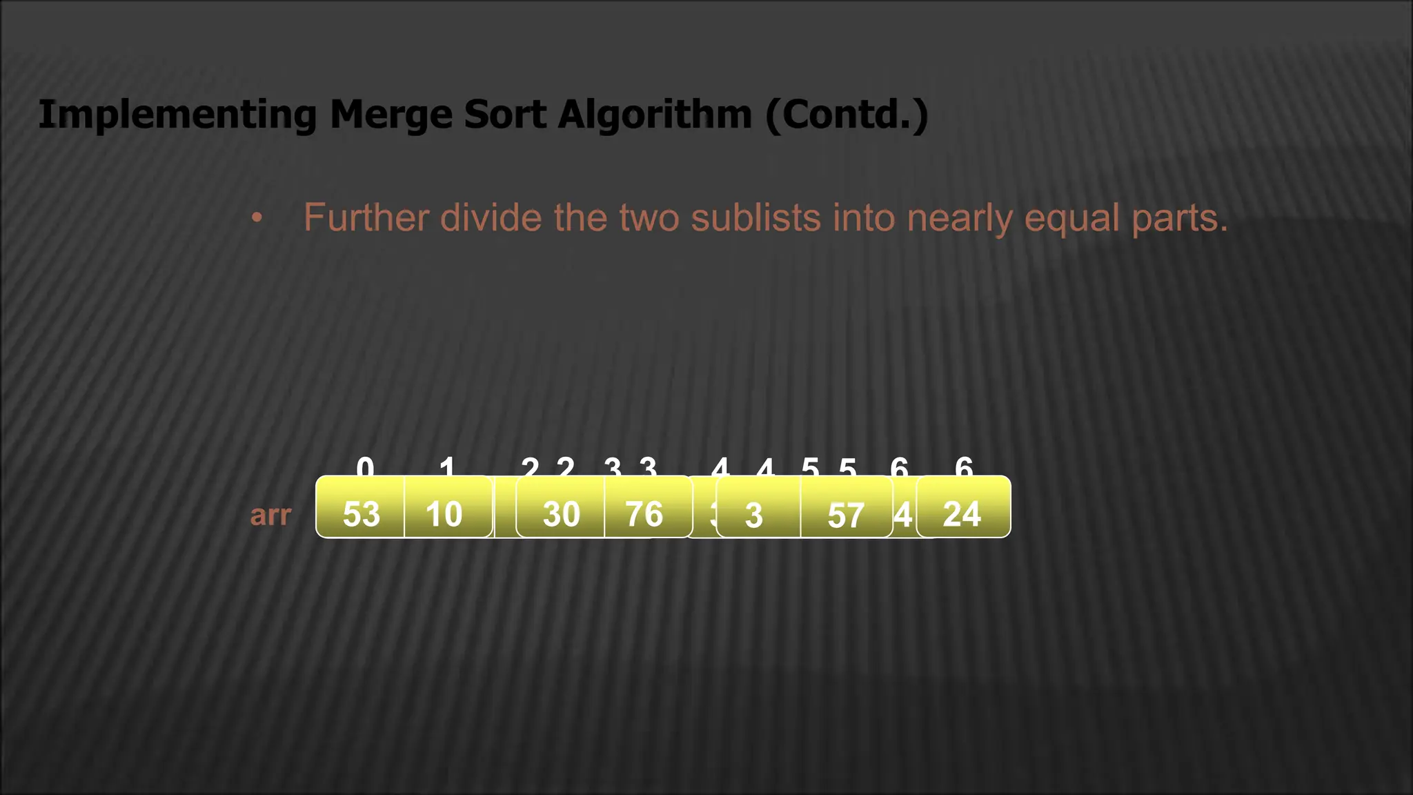 • Further divide the two sublists into nearly equal parts.
Implementing Merge Sort Algorithm (Contd.)
arr
2
1
0 4
3 5 6
53 10 30 76 3 57 24
1
0
53 10 30 76
2
1
0 4
3 5 6
53 10 30 76 3 57 24
 