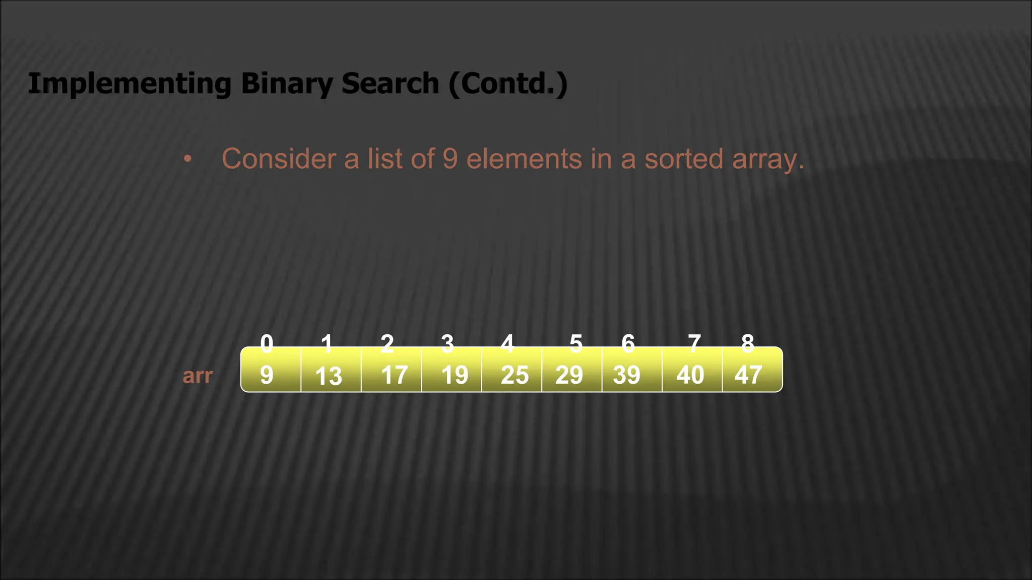 • Consider a list of 9 elements in a sorted array.
Implementing Binary Search (Contd.)
arr
2
1
0 4
3
13 17 19
9 25 29 39
5 6
40 47
7 8
 