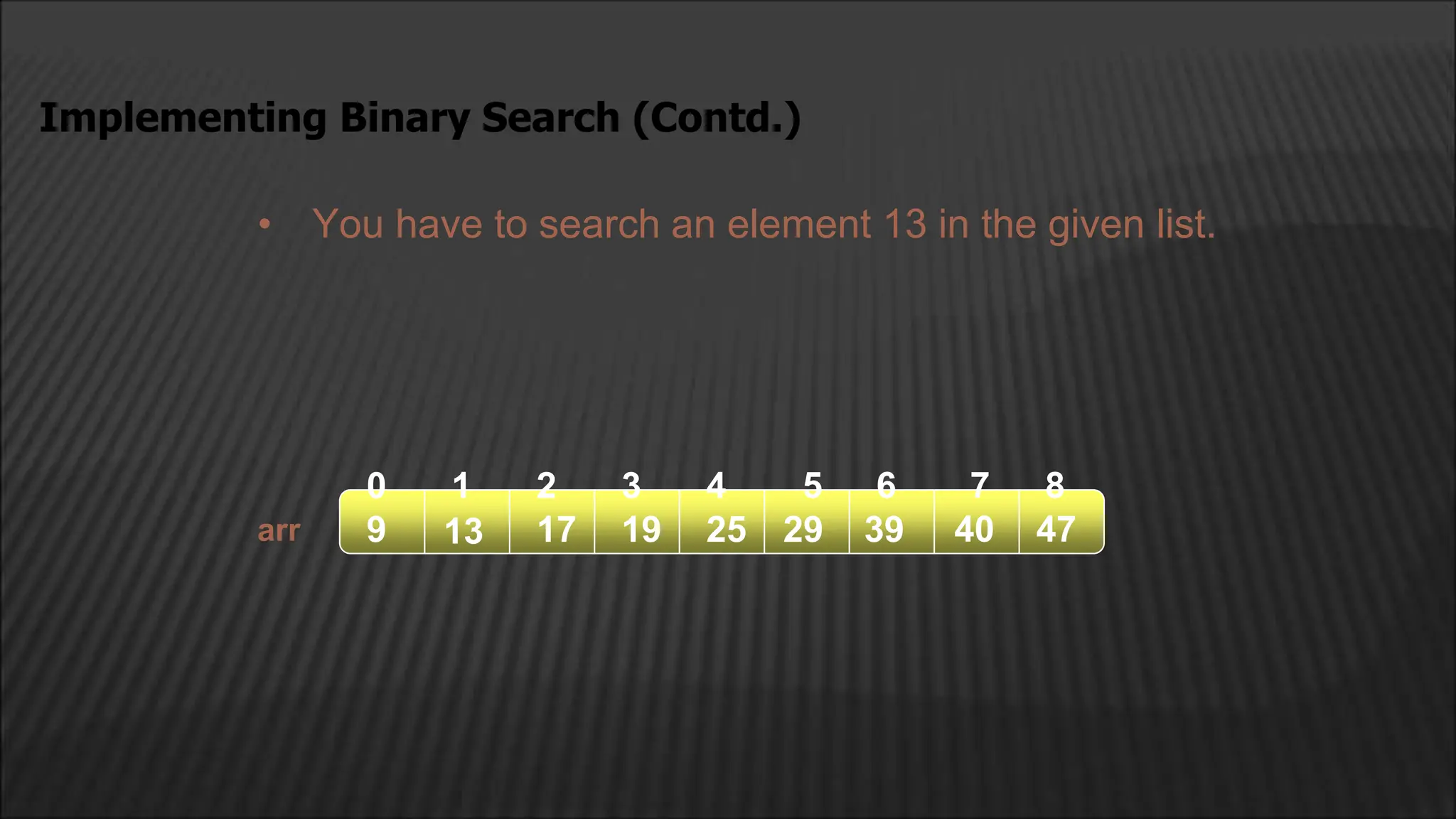• You have to search an element 13 in the given list.
Implementing Binary Search (Contd.)
arr
2
1
0 4
3
13 17 19
9 25 29 39
5 6
40 47
7 8
 