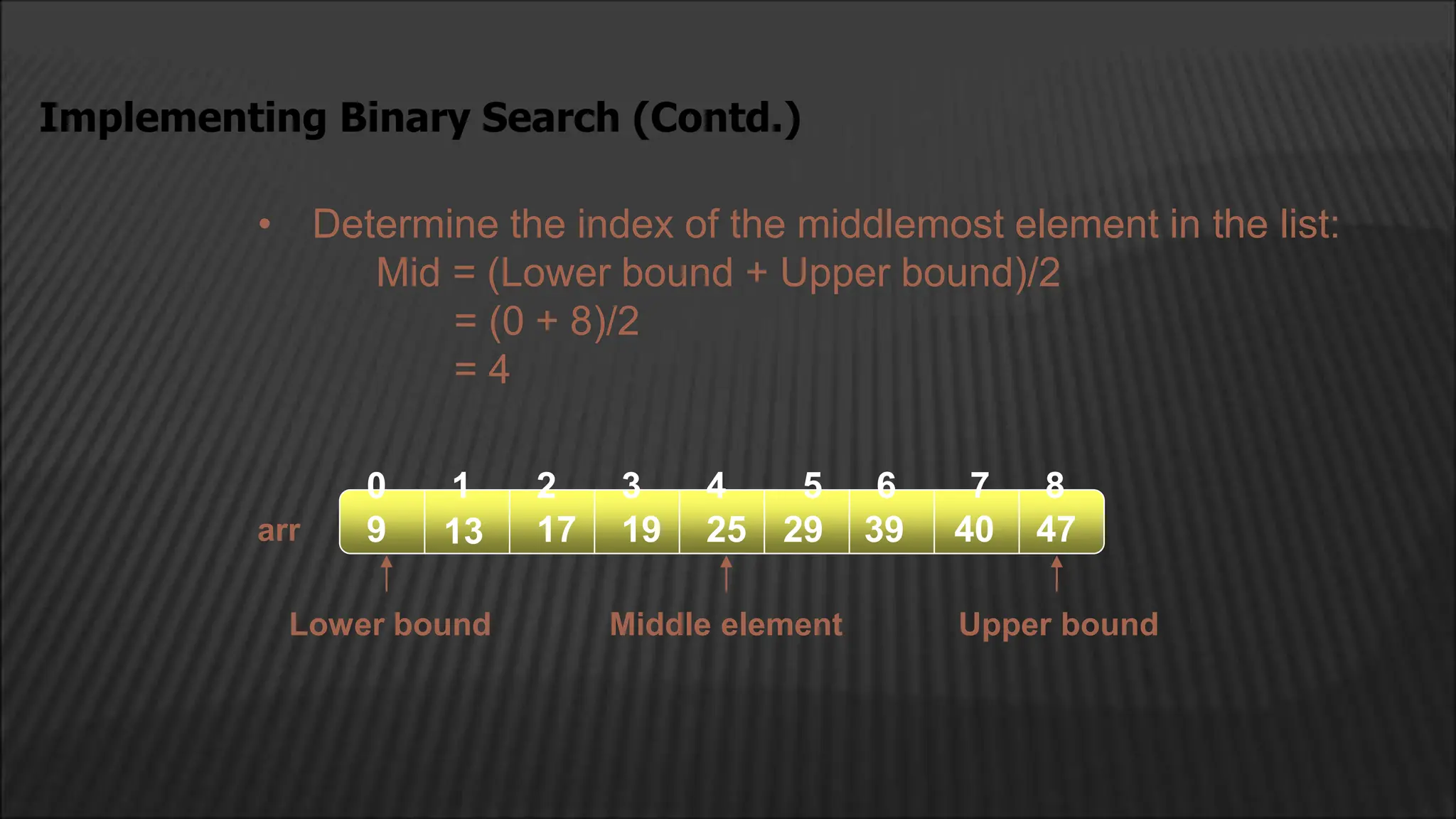 • Determine the index of the middlemost element in the list:
Mid = (Lower bound + Upper bound)/2
= (0 + 8)/2
= 4
Implementing Binary Search (Contd.)
arr
2
1
0 4
3
13 17 19
9 25 29 39
5 6
40 47
7 8
Middle element
Lower bound Upper bound
 
