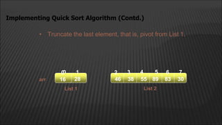 • Truncate the last element, that is, pivot from List 1.
Implementing Quick Sort Algorithm (Contd.)
List 2
55 89 83 30
38
2 4
3 5 6 7
arr
List 1
1
0
16 28
16
16
16
0
46
 