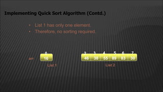 • List 1 has only one element.
• Therefore, no sorting required.
Implementing Quick Sort Algorithm (Contd.)
arr 16
List 1 List 2
55 89 83 30
38
16
16
0 2 4
3 5 6 7
46
 