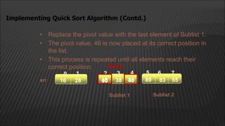 Implementing Quick Sort Algorithm (Contd.)
• Replace the pivot value with the last element of Sublist 1.
• The pivot value, 46 is now placed at its correct position in
the list.
• This process is repeated until all elements reach their
correct position.
arr
arr
2 4
3 5 6 7
83
89 55
38
46 30
16 28
1
0
Sublist 1 Sublist 2
Swap
46
30
 