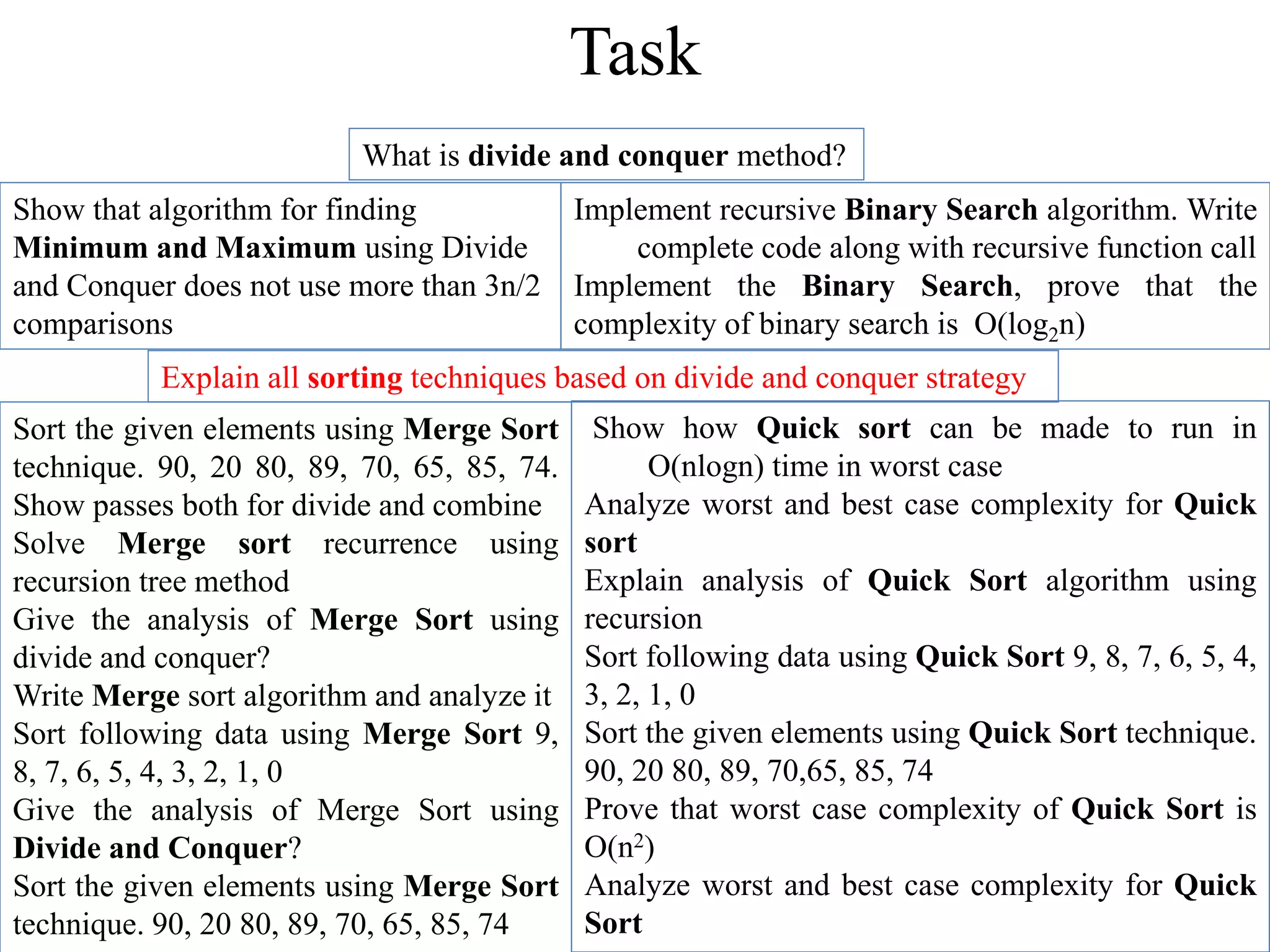 What is divide and conquer method?
Show that algorithm for finding
Minimum and Maximum using Divide
and Conquer does not use more than 3n/2
comparisons
Implement recursive Binary Search algorithm. Write
complete code along with recursive function call
Implement the Binary Search, prove that the
complexity of binary search is O(log2n)
Explain all sorting techniques based on divide and conquer strategy
Sort the given elements using Merge Sort
technique. 90, 20 80, 89, 70, 65, 85, 74.
Show passes both for divide and combine
Solve Merge sort recurrence using
recursion tree method
Give the analysis of Merge Sort using
divide and conquer?
Write Merge sort algorithm and analyze it
Sort following data using Merge Sort 9,
8, 7, 6, 5, 4, 3, 2, 1, 0
Give the analysis of Merge Sort using
Divide and Conquer?
Sort the given elements using Merge Sort
technique. 90, 20 80, 89, 70, 65, 85, 74
Show how Quick sort can be made to run in
O(nlogn) time in worst case
Analyze worst and best case complexity for Quick
sort
Explain analysis of Quick Sort algorithm using
recursion
Sort following data using Quick Sort 9, 8, 7, 6, 5, 4,
3, 2, 1, 0
Sort the given elements using Quick Sort technique.
90, 20 80, 89, 70,65, 85, 74
Prove that worst case complexity of Quick Sort is
O(n2)
Analyze worst and best case complexity for Quick
Sort
Task
 