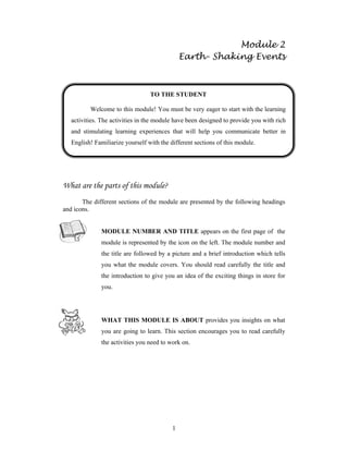 1
Module 2
Earth- Shaking Events
What are the parts of this module?
The different sections of the module are presented by the following headings
and icons.
MODULE NUMBER AND TITLE appears on the first page of the
module is represented by the icon on the left. The module number and
the title are followed by a picture and a brief introduction which tells
you what the module covers. You should read carefully the title and
the introduction to give you an idea of the exciting things in store for
you.
WHAT THIS MODULE IS ABOUT provides you insights on what
you are going to learn. This section encourages you to read carefully
the activities you need to work on.
TO THE STUDENT
Welcome to this module! You must be very eager to start with the learning
activities. The activities in the module have been designed to provide you with rich
and stimulating learning experiences that will help you communicate better in
English! Familiarize yourself with the different sections of this module.
 