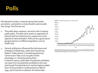 Pew Research Center, a research group that studies
journalism, concluded in a study of public opinion polls
four things. The first two are:

1.   The public plays a passive, not active role in shaping
     public policy. The polls show assent or opposition to
     policies that the media know or suspect are on the
     agenda of national leaders. Polls can be a good way of
     gauging opinion on different legislation, such as
     health care.

1.   Second, polling has influenced the techniques and
     strategies of leadership, rather than hamstrung
     leaders. Public opinion is something politicians
     cannot avoid. They must use polls to their
     advantage, or risk being used by them.
     In election season, polls taken of potential candidates
     can sway from one potential candidate to the next.
     And though President Bush Sr. had the highest polled
     favor of any president in polling history in March
     1991, yet he lost the re-election 18 months later.
 
