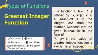 Greatest Integer
Function
Types of Functions
If a function f: R→ R is
defined by f(x) = [x], x ∈
X, round-off it to the
integer less than the
number. Suppose that the
given interval is in the
form of
(x, x+1), the value of
greatest integer function is
x which is an integer.
 