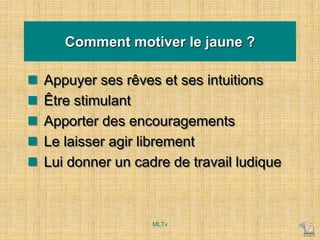 Comment motiver le jaune ?
 Appuyer ses rêves et ses intuitions
 Être stimulant
 Apporter des encouragements
 Le laisser agir librement
 Lui donner un cadre de travail ludique
MLTv
 