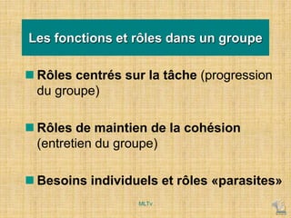  Rôles centrés sur la tâche (progression
du groupe)
 Rôles de maintien de la cohésion
(entretien du groupe)
 Besoins individuels et rôles «parasites»
Les fonctions et rôles dans un groupe
MLTv
 
