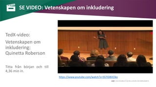 AIM | ACCESSIBILITY & INCLUSION FOR MIRGRANTS
SE VIDEO: Vetenskapen om inkludering
TedX-video:
Vetenskapen om
inkludering:
Quinetta Roberson
Titta från början och till
4,36 min in.
https://www.youtube.com/watch?v=SS7ID8VClko
 