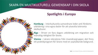 AIM | ACCESSIBILITY & INCLUSION FOR MIRGRANTS
Spotlights i Europa
Hamburg - Interkulturella samordnare leder anti-fördoms
utbildning i sina egna skolor för att utveckla toleranta
skolkulturer.
Riga – Driver en fyra dagars utbildning om migration och
mänsklig rättighet för lärare.
Vienna – Lärare rekryteras från invandrargrupper, det finns
ett praktikprogram för lärare med en asylsökande bakgrund.
SKAPA EN MULTIKULTURELL GEMENSKAP I DIN SKOLA
 