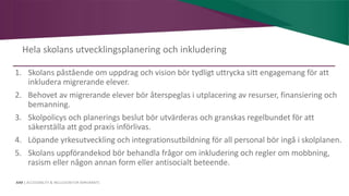 AIM | ACCESSIBILITY & INCLUSION FOR MIRGRANTS
Hela skolans utvecklingsplanering och inkludering
1. Skolans påstående om uppdrag och vision bör tydligt uttrycka sitt engagemang för att
inkludera migrerande elever.
2. Behovet av migrerande elever bör återspeglas i utplacering av resurser, finansiering och
bemanning.
3. Skolpolicys och planerings beslut bör utvärderas och granskas regelbundet för att
säkerställa att god praxis införlivas.
4. Löpande yrkesutveckling och integrationsutbildning för all personal bör ingå i skolplanen.
5. Skolans uppförandekod bör behandla frågor om inkludering och regler om mobbning,
rasism eller någon annan form eller antisocialt beteende.
 