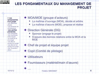 LES FONDAMENTAUX DU MANAGEMENT DE
Qu’est-ce que le management de projet ?
                                 PROJET


> Les
> Les
composantes
                      MOA/MOE (groupe d’acteurs)
composantes
d ’un projet
d ’un projet             La maîtrise d’ouvrage (MOA), décide et arbitre
-Les différentes
 -Les différentes
phases
 phases
                         La maîtrise d’œuvre (MOE), propose et réalise
-Les domaines de
 -Les domaines de
connaissance
 connaissance
--Les parties
  Les parties
prenantes
 prenantes
                      Direction Générale (DG)
-Les contraintes
 -Les contraintes
-Les incertitudes
                         Sponsor (engage le projet)
 -Les incertitudes
et les risques
 et les risques
-Le cycle de vie
                         S’assure des bonnes relations entre la MOA et la
 -Le cycle de vie
d’un projet
 d’un projet              MOE
-Les clés du
 -Les clés du
succès d’un projet
 succès d’un projet
-Les clés de non
 -Les clés de non
succès d’un projet
 succès d’un projet
                      Chef de projet et équipe projet
-Les 10 points à
 -Les 10 points à

                      Copil (Comité de pilotage)
retenir
 retenir




                      Utilisateurs
                      Fournisseurs (matériel/main d’œuvre)
                      …
10/10/12                          Frédéric SIMONNET                          4
 