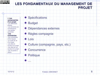 LES FONDAMENTAUX DU MANAGEMENT DE
Qu’est-ce que le management de projet ?
                                 PROJET


> Les
> Les                 Spécifications
composantes
composantes
d ’un projet
d ’un projet
-Les différentes
 -Les différentes     Budget
phases
 phases
-Les domaines de
                      Dépendances externes
 -Les domaines de
connaissance
 connaissance
-Les parties
 -Les parties
prenantes
 prenantes
--Les
  Les
contraintes
                      Règles compagnie
 contraintes
-Les incertitudes
 -Les incertitudes
et les risques
 et les risques
-Le cycle de vie
 -Le cycle de vie
                      Lois
d’un projet
 d’un projet
-Les clés du
 -Les clés du
succès d’un projet
 succès d’un projet
                      Culture (compagnie, pays, etc.)
-Les clés de non
 -Les clés de non
succès d’un projet
 succès d’un projet
-Les 10 points à
 -Les 10 points à     Concurrence
retenir
 retenir

                      Politique
                      …


10/10/12                          Frédéric SIMONNET     5
 